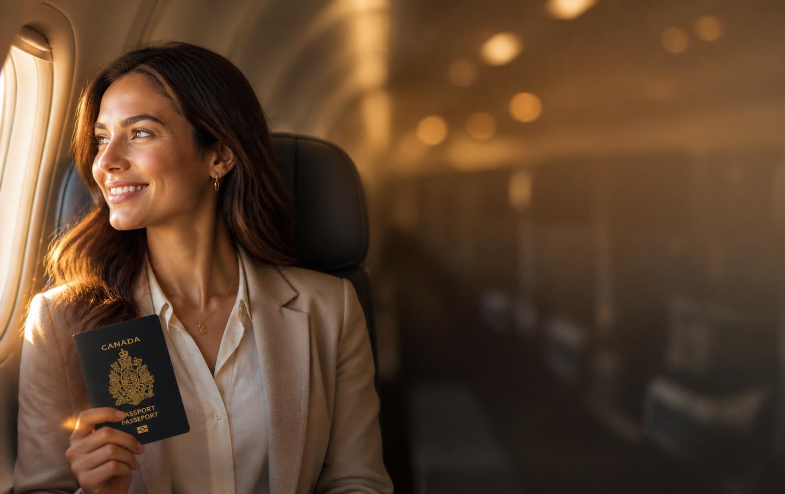 Traveler by the airplane window with a Canadian passport
